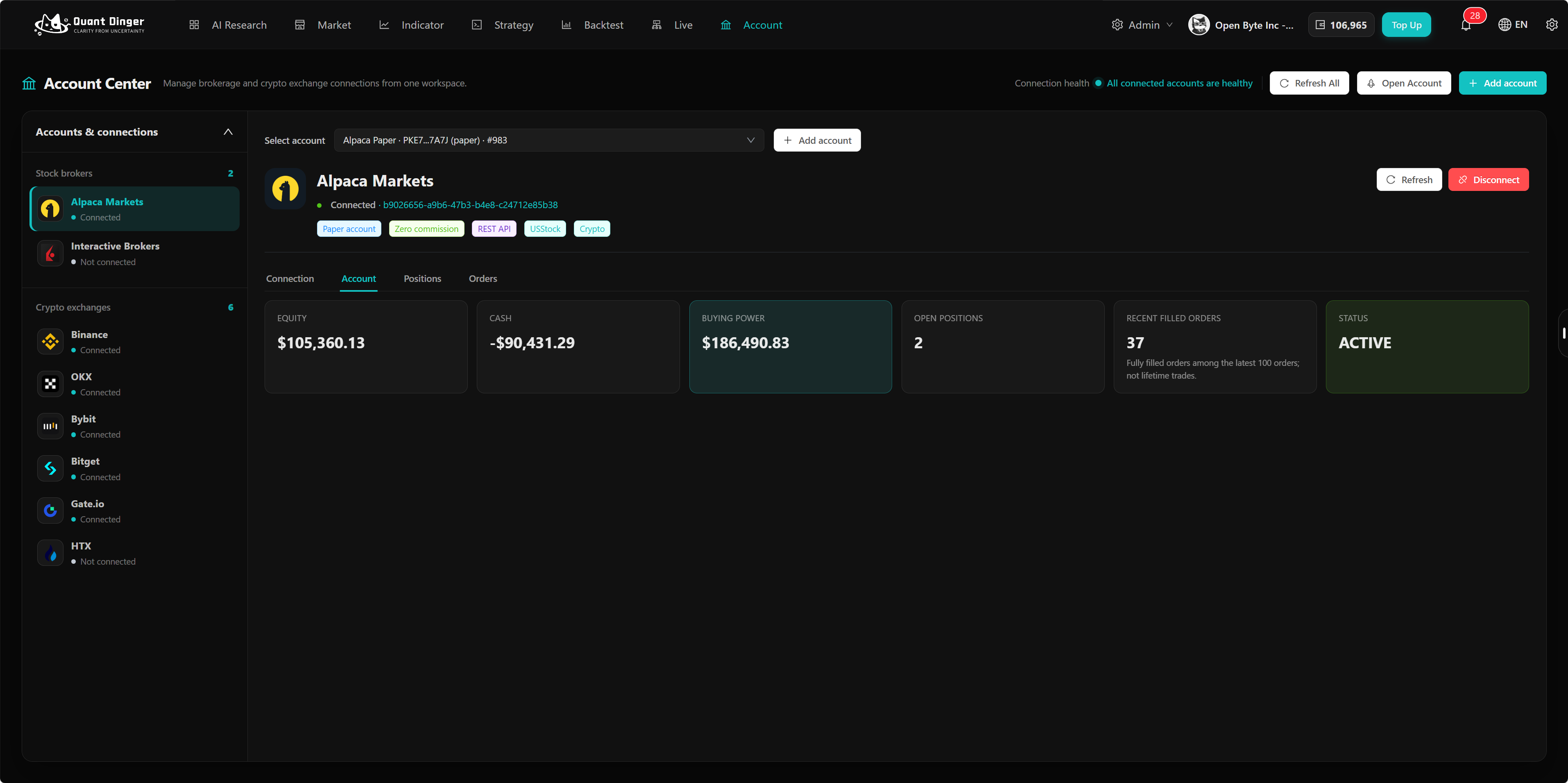 QuantDinger connected broker account command center